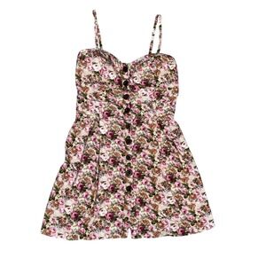 Poetry‎ Mini Dress Floral Button Front Smocked Bodice  Women's Size L Pink Roses